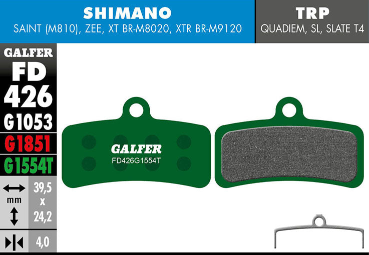 Galfer Bremsbelag Pro Shimano 4-Kolben: Saint, Zee, XTR, XT, SLX, Deore 39,5 x 24,2 x 4 mm 1 Paar grün