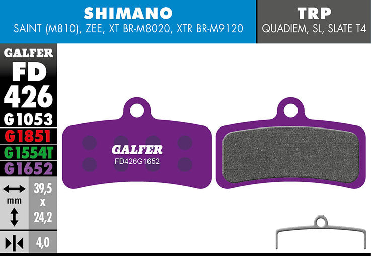Galfer E-Bike Bremsbelag Shimano 4-Kolben: Saint, Zee, XTR, XT, SLX, Deore 39,5 x 24,2 x 4 mm 1 Paar violett