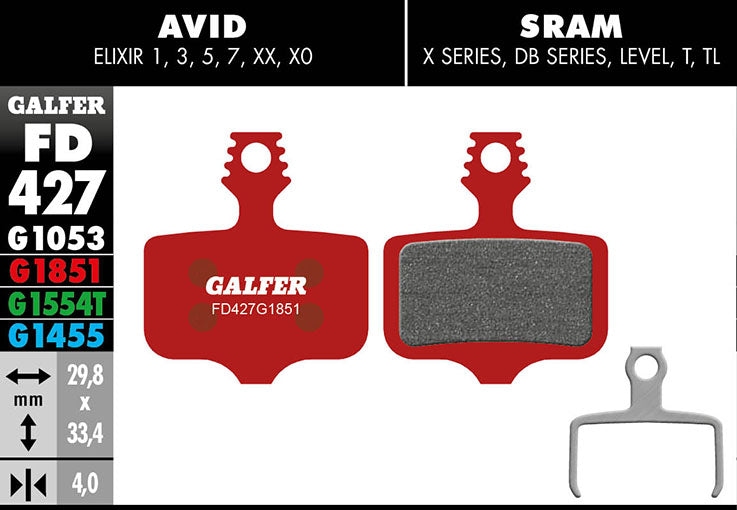 Galfer Bremsbelag Advanced SRAM XX, X0, X7, X9, DB, Level, T, TL, Red/Rival AXS 29,8 x 33,4 x 4 mm 1 Paar rot