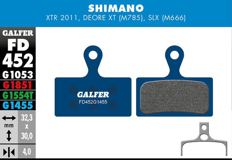 Galfer Bremsbelag Road Shimano - XTR 2011 BR-M985, Deore XT BR-M785, SLX M666 32,3 x 30 x 4 mm 1 Paar blau