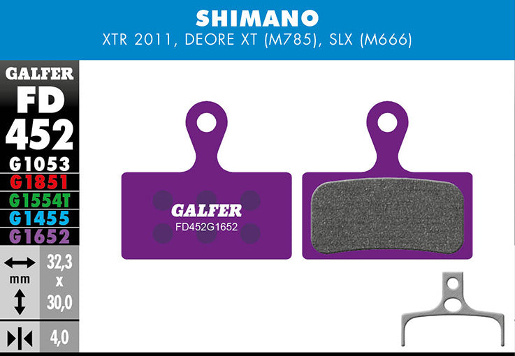 Galfer E-Bike Bremsbelag Shimano XTR 2011 BR-M985, Deore XT BR-M785, SLX M666 32,3 x 30 x 4 mm 1 Paar violett