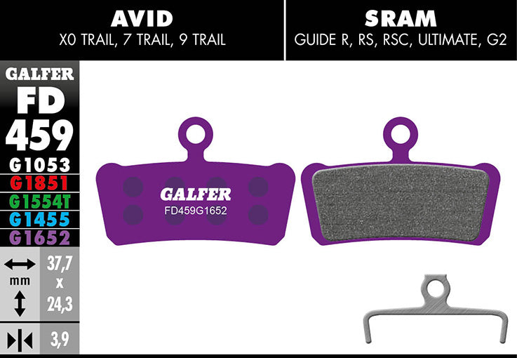 Galfer E-Bike Bremsbelag AVID – X0/ 7/ 9 Trail, SRAM Guide, Trickstuff C42 37,7 x 24,3 x 3,9 mm 1 Paar violett