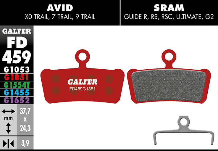 Galfer Bremsbelag Advanced AVID – X0/ 7/ 9 Trail, SRAM Guide, Trickstuff C42 37,7 x 24,3 x 3,9 mm 1 Paar rot