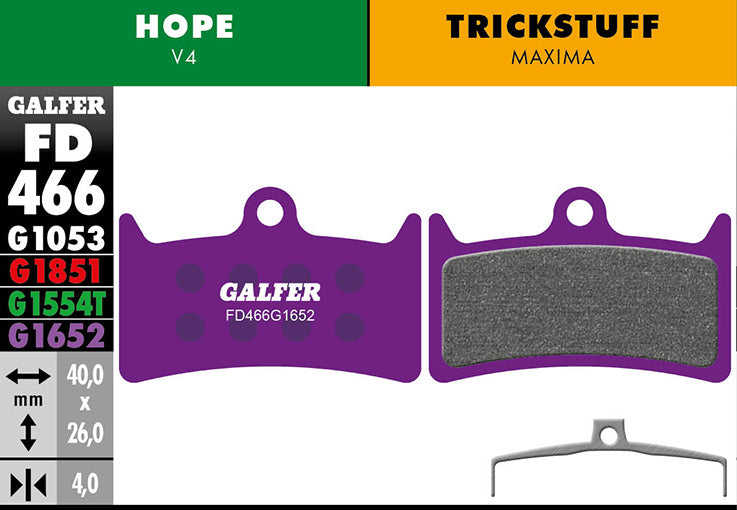 Galfer E-Bike Bremsbelag Hope V4 /Trickstuff Maxima 40 x 26 x 4 mm 1 Paar violett