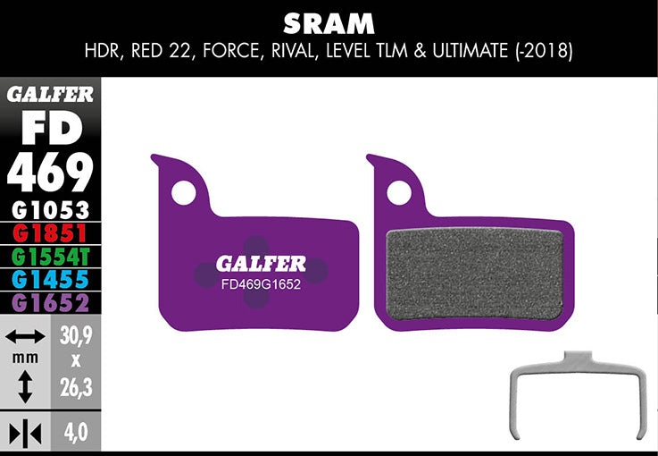 Galfer E-Bike Bremsbelag SRAM HRD, Red/ Force/ Rival 22, CX1, Apex 1, Level 30,9 x 26,3 x 4 mm 1 Paar violett