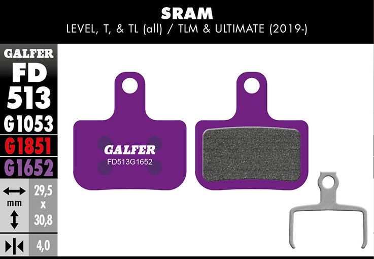 Galfer E-Bike Bremsbelag SRAM Level, T, TL (alle), TLM & Ultimate (2019-), Force 29,5 x 30,8 x 4 mm 1 Paar violett
